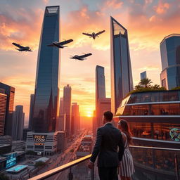 A sleek, futuristic city skyline at sunset, with tall, shimmering glass buildings reflecting orange and pink hues of the sky