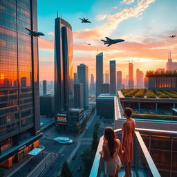 A sleek, futuristic city skyline at sunset, with tall, shimmering glass buildings reflecting orange and pink hues of the sky