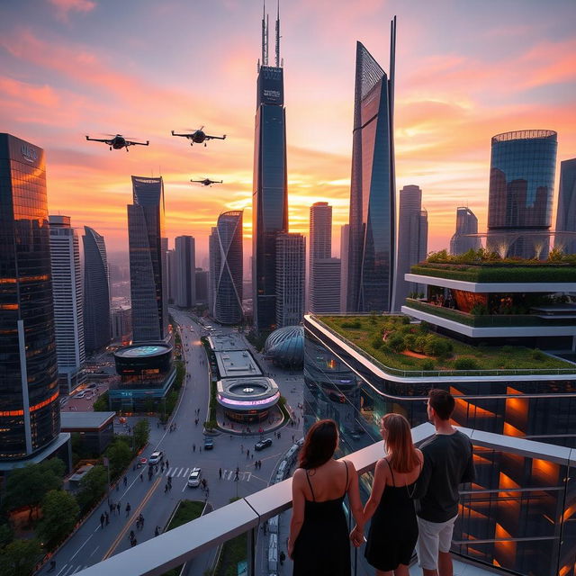 A sleek, futuristic city skyline at sunset, with tall, shimmering glass buildings reflecting orange and pink hues of the sky