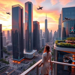 A sleek, futuristic city skyline at sunset, with tall, shimmering glass buildings reflecting orange and pink hues of the sky
