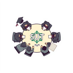 A simple logo design featuring several male and female students in hijabs sitting around a table