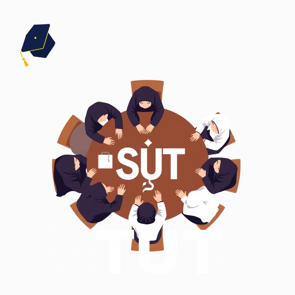A simple logo design featuring several male and female students in hijabs sitting around a table