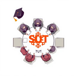 A simple logo design featuring several male and female students in hijabs sitting around a table