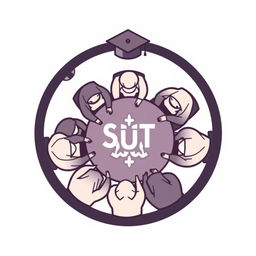 A simple logo design featuring several male and female students in hijabs sitting around a table