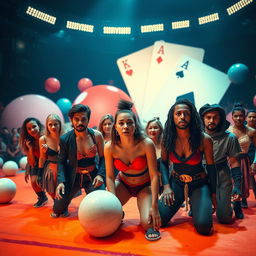 A dramatic scene inspired by the concept of games and survival, featuring a diverse group of adults in a large, brightly colored arena
