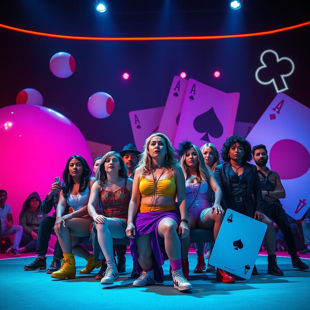 A dramatic scene inspired by the concept of games and survival, featuring a diverse group of adults in a large, brightly colored arena