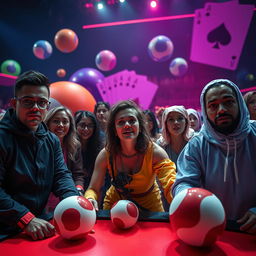 A dramatic scene inspired by the concept of games and survival, featuring a diverse group of adults in a large, brightly colored arena