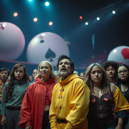 A dramatic scene inspired by the concept of games and survival, featuring a diverse group of adults in a large, brightly colored arena