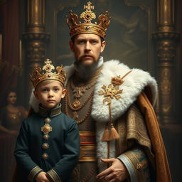 A majestic royal portrait of a man and a young boy, both adorned with ornate crowns, standing proudly