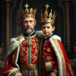 A majestic royal portrait of a man and a young boy, both adorned with ornate crowns, standing proudly