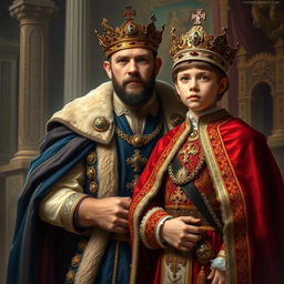 A majestic royal portrait of a man and a young boy, both adorned with ornate crowns, standing proudly