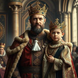 A majestic royal portrait of a man and a young boy, both adorned with ornate crowns, standing proudly