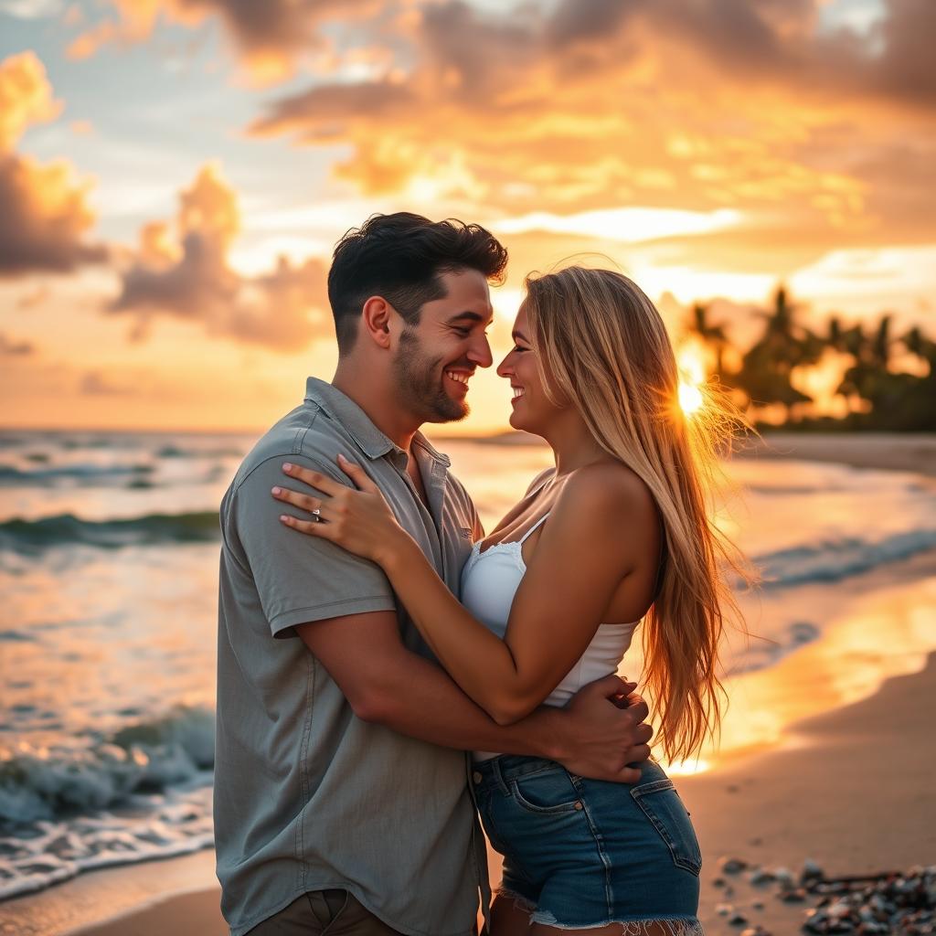 A romantic couple embracing on a scenic beach during sunset, with the warm golden light reflecting on the water