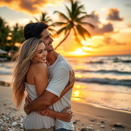 A romantic couple embracing on a scenic beach during sunset, with the warm golden light reflecting on the water