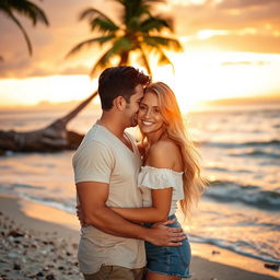 A romantic couple embracing on a scenic beach during sunset, with the warm golden light reflecting on the water