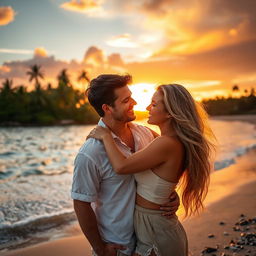 A romantic couple embracing on a scenic beach during sunset, with the warm golden light reflecting on the water