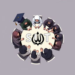 An updated logo design featuring several male and female students, including male students with hijabs, seated around a round table