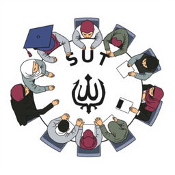 An updated logo design featuring several male and female students, including male students with hijabs, seated around a round table