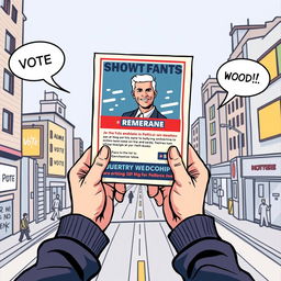 A first-person viewpoint illustration depicting hands holding a flyer about a political candidate running for elections