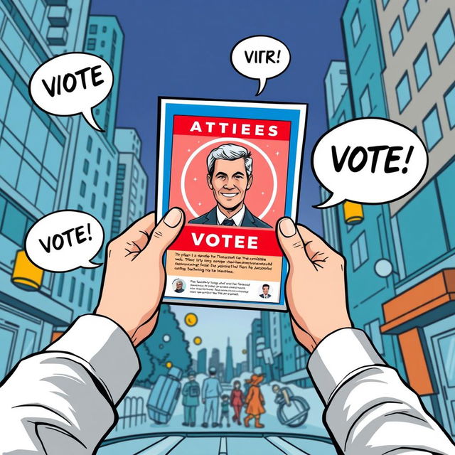 A first-person viewpoint illustration depicting hands holding a flyer about a political candidate running for elections