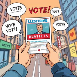 A first-person viewpoint illustration depicting hands holding a flyer about a political candidate running for elections