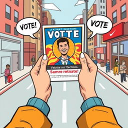 A first-person viewpoint illustration depicting hands holding a flyer about a political candidate running for elections