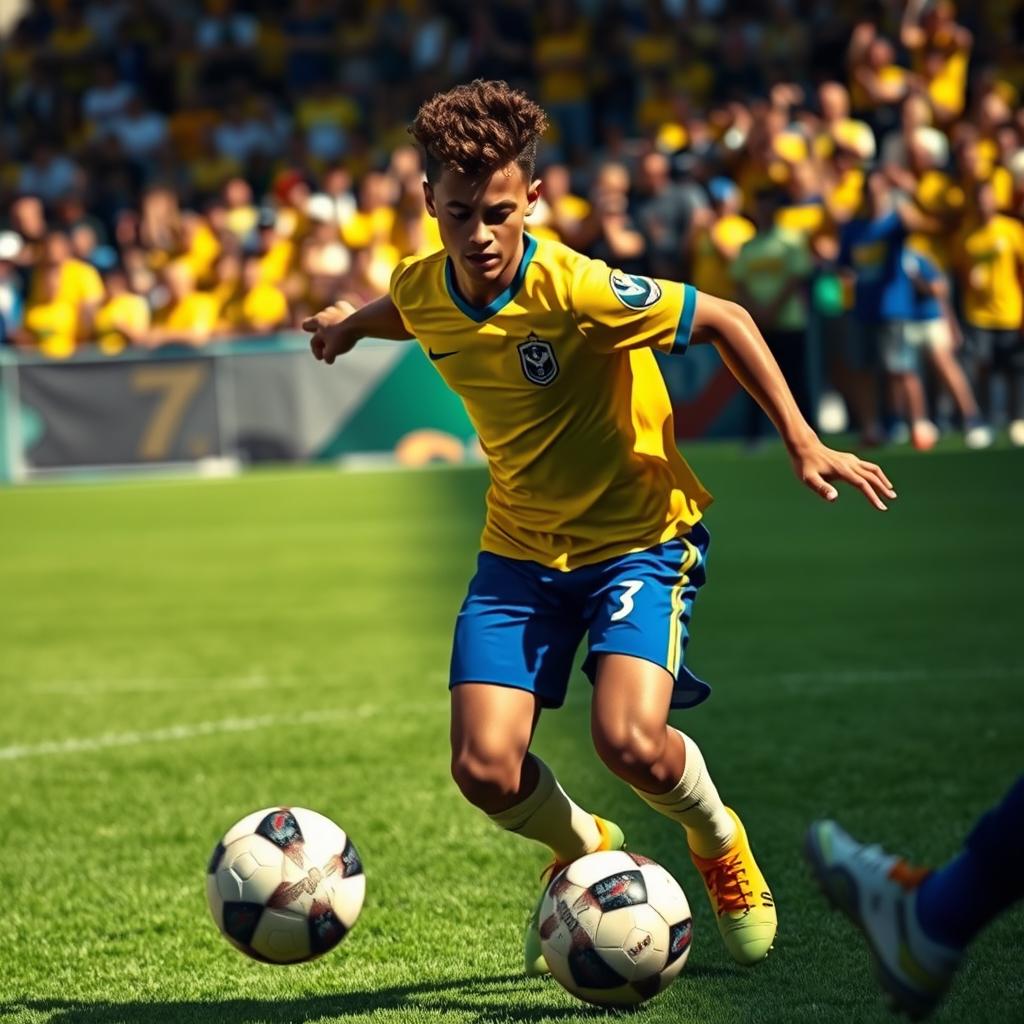 A dynamic action shot of a young male soccer player, inspired by Neymar, dribbling a soccer ball on a vibrant green pitch