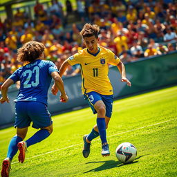 A dynamic action shot of a young male soccer player, inspired by Neymar, dribbling a soccer ball on a vibrant green pitch