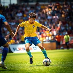 A dynamic action shot of a young male soccer player, inspired by Neymar, dribbling a soccer ball on a vibrant green pitch