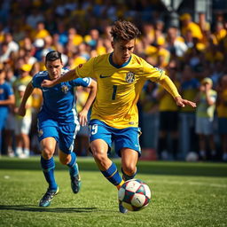 A dynamic action shot of a young male soccer player, inspired by Neymar, dribbling a soccer ball on a vibrant green pitch