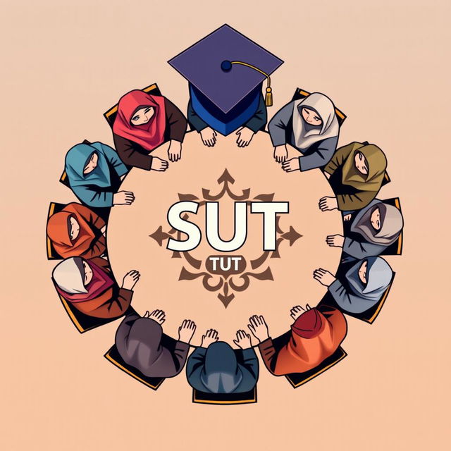 A logo design featuring several male and female students wearing hijabs sitting around a round table