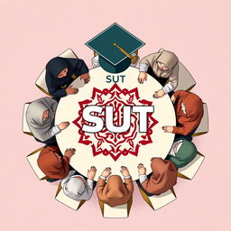 A logo design featuring several male and female students wearing hijabs sitting around a round table
