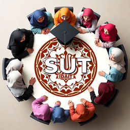 A logo design featuring several male and female students wearing hijabs sitting around a round table