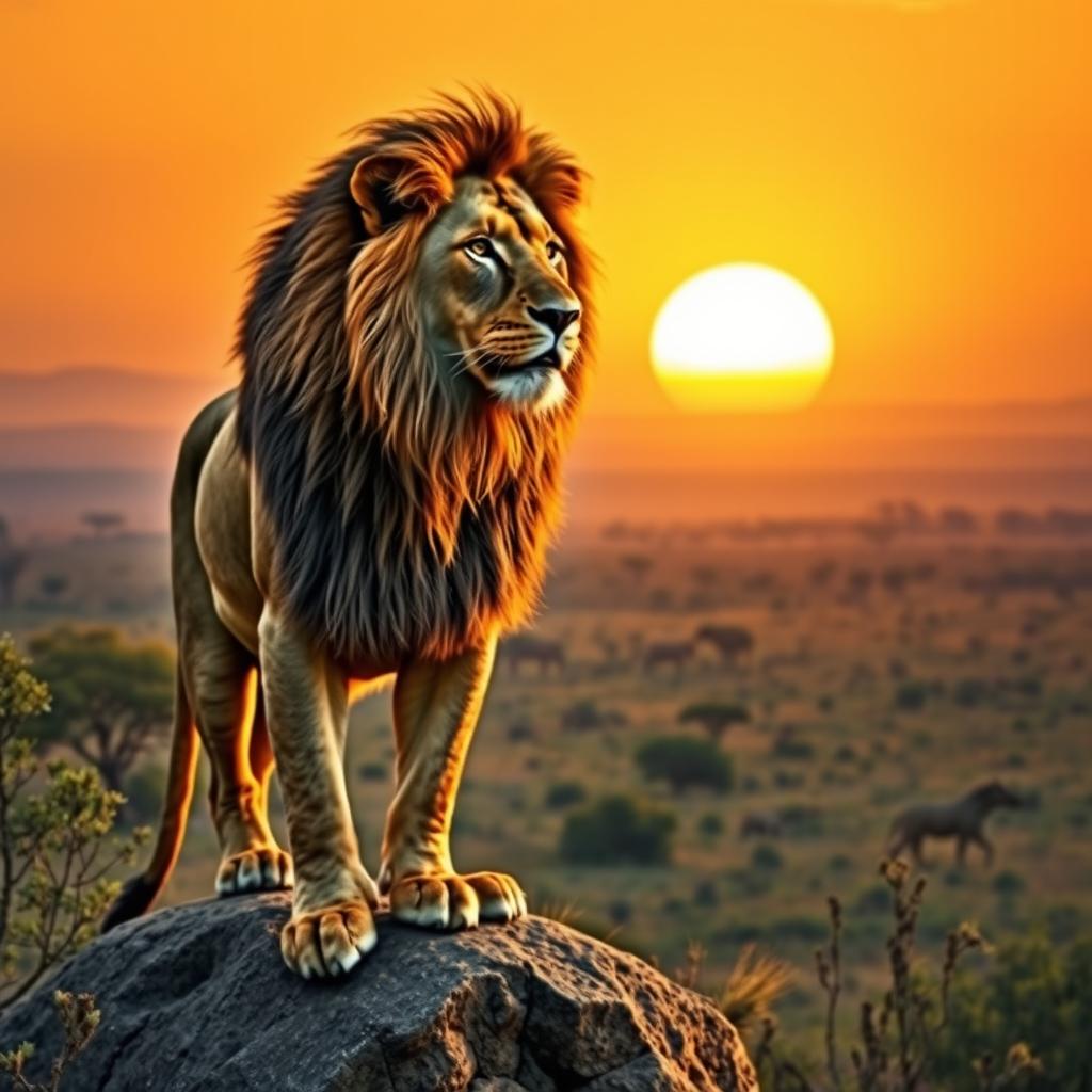 A majestic, lifelike representation of a lion standing on a rock overlooking a beautiful savannah