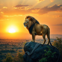 A majestic, lifelike representation of a lion standing on a rock overlooking a beautiful savannah