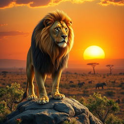 A majestic, lifelike representation of a lion standing on a rock overlooking a beautiful savannah