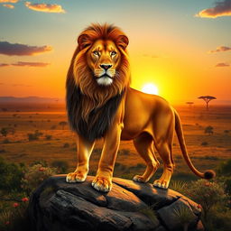 A majestic, lifelike representation of a lion standing on a rock overlooking a beautiful savannah