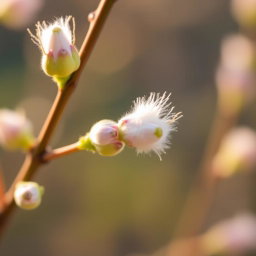 A close-up view of a beautiful flower, specifically a delicate and colorful pussy willow, with fluffy, soft catkins emerging from slender branches