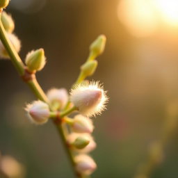 A close-up view of a beautiful flower, specifically a delicate and colorful pussy willow, with fluffy, soft catkins emerging from slender branches