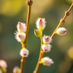 A close-up view of a beautiful flower, specifically a delicate and colorful pussy willow, with fluffy, soft catkins emerging from slender branches