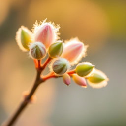 A close-up view of a beautiful flower, specifically a delicate and colorful pussy willow, with fluffy, soft catkins emerging from slender branches