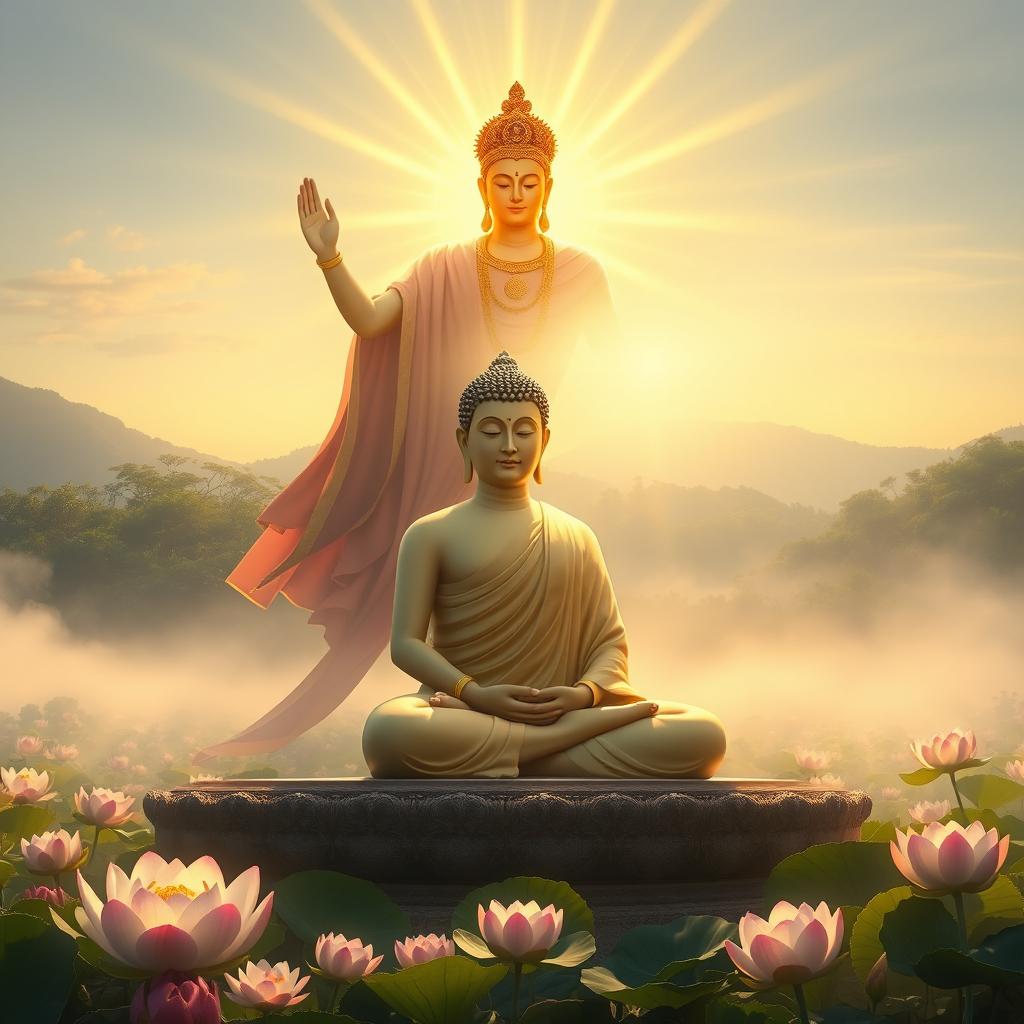 An ethereal scene depicting Lord Buddha seated peacefully in meditation, surrounded by a divine aura