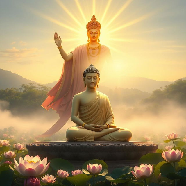 An ethereal scene depicting Lord Buddha seated peacefully in meditation, surrounded by a divine aura