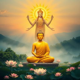 An ethereal scene depicting Lord Buddha seated peacefully in meditation, surrounded by a divine aura