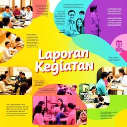 A vivid and engaging cover design for a report on activities, featuring a colorful collage of diverse events such as workshops, discussions, and community services