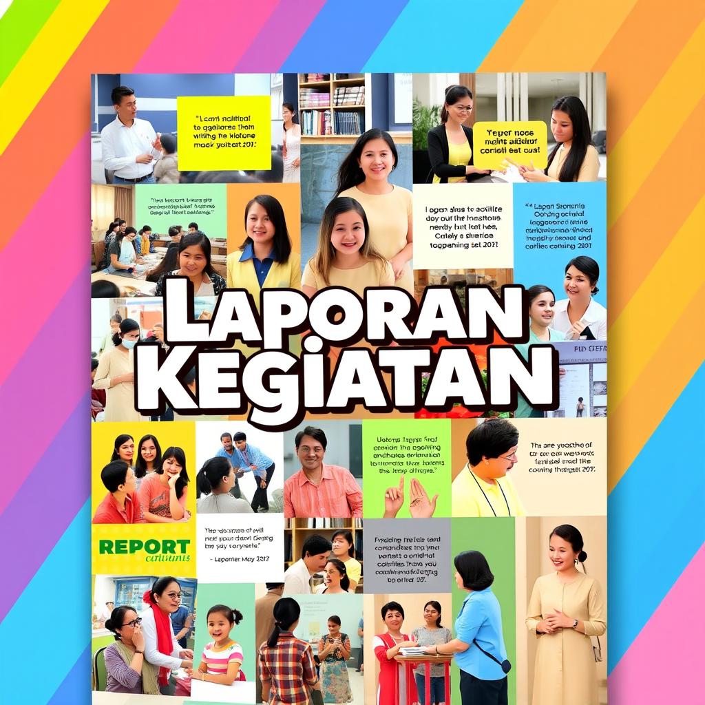 A vivid and engaging cover design for a report on activities, featuring a colorful collage of diverse events such as workshops, discussions, and community services