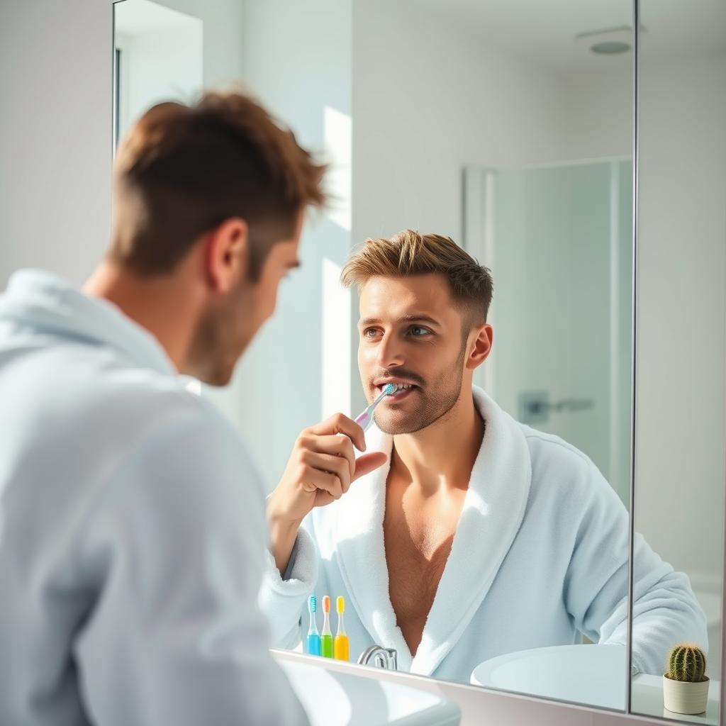 A man in the bathroom brushing his teeth