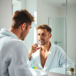A man in the bathroom brushing his teeth