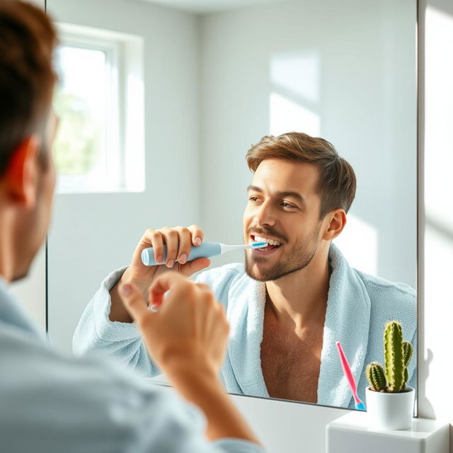 A man in the bathroom brushing his teeth