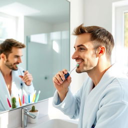 A man in the bathroom brushing his teeth